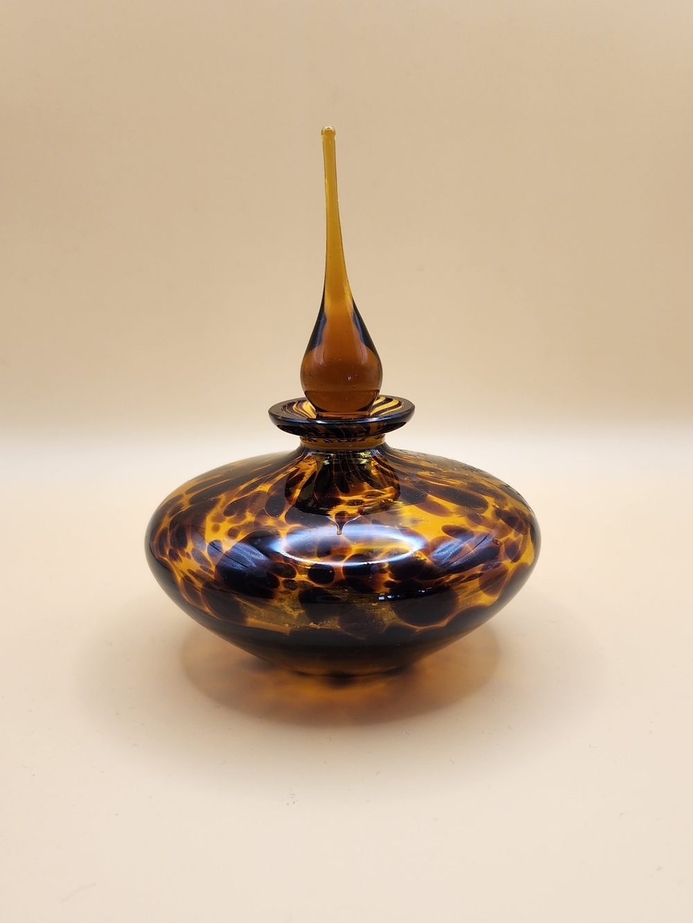 Vintage 80's Brown Leopard Art Glass Perfume Bottle w/Teardrop Stopper